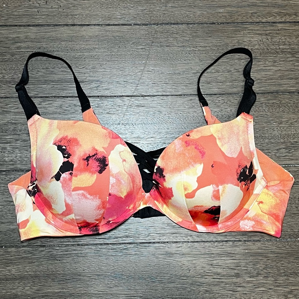 Torrid Curve Watercolor Push Up Bra Coral Orange Floral 38C Lace Back Bundle
